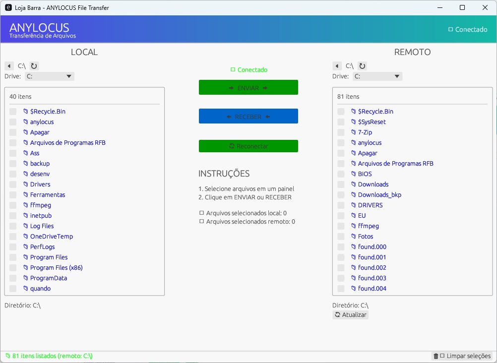 Tela de Transferência de Arquivos do ANYLOCUS com painel local, painel remoto e botões Enviar e Receber