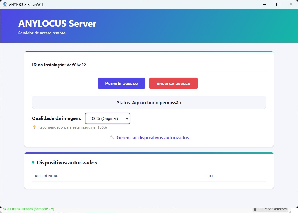 Tela do ANYLOCUS Server com ID da instalação, botões Permitir e Encerrar acesso e lista de dispositivos autorizados
